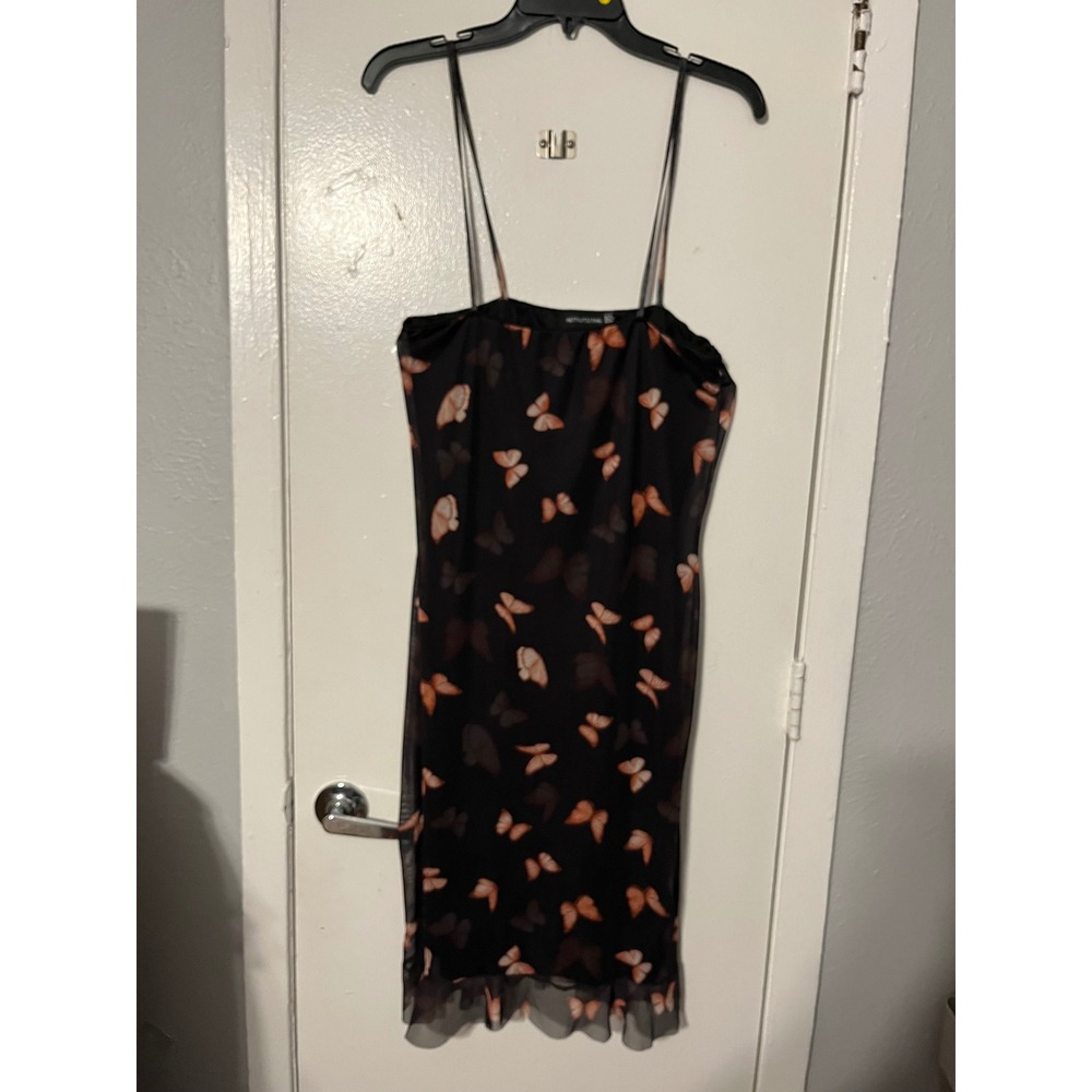 PrettyLittleThing Black Butterfly Mesh Midi Dress Ruffle Hem Size 14 Womens